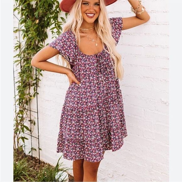 ENTRO Purple Floral Print Babydoll Mini Dress. Size Small. - Picture 1 of 10